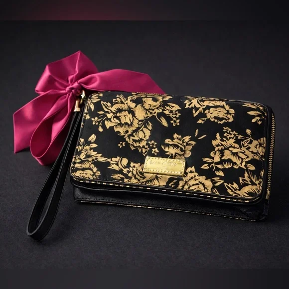 BETSEY JOHNSON Black and Gold Floral Print Wallet Wristlet - Picture 1 of 4